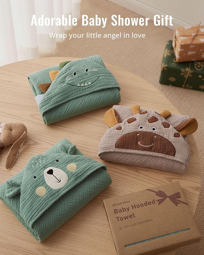 Blissful Diary Muslin Baby Hooded Towel, Soft and Absorbent Bath Towel for Newborn, Infant, Toddler, Unisex, 32″x32″ - Gentle Giraffe