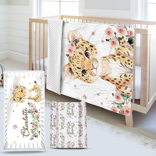 Custom Name Crib Bedding Set - Leopard Theme, Personalized Yellow Flower Nursery Bedding 3-Piece Set– Soft Blanket, Fitted Sheet, Changing Pad Cover – for Newborns Girls Nursery Gifts