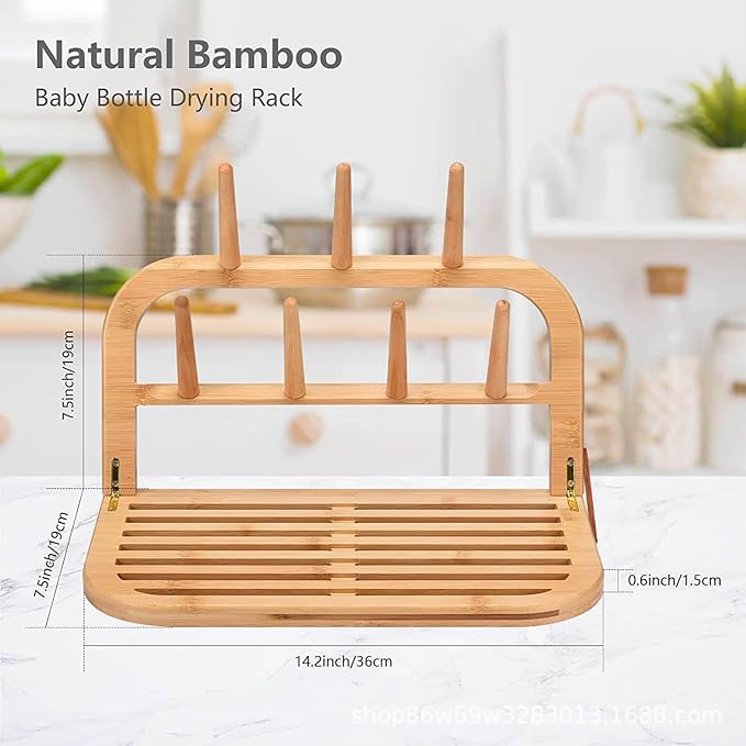 Baby Bottle Countertop Drying Rack Bamboo,Space Saving Kitchen Drying Rack & Bottle Holder for Nipples, Cups, Pump Parts, Accessories, Reusable Ziplock and Freezer Bag Dryer Rack