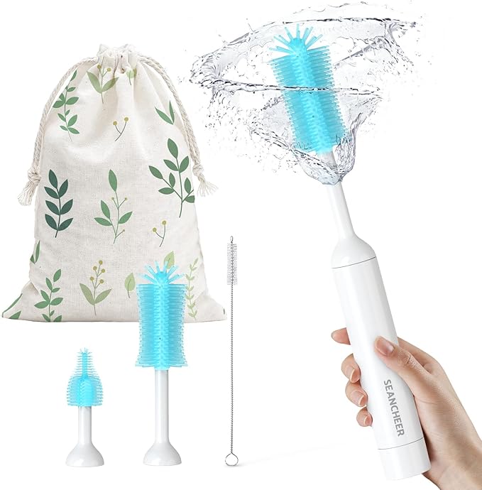 SEANCHEER S02 Electric Bottle Brush Set, Portable Baby Bottle Brush Cleaner, AA Battery-Powered & IPX7 Waterproof, with Silicone Bottle/Nipple/Straw Brush, for Home & Travel (Blue)