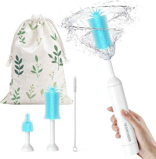 SEANCHEER S02 Electric Bottle Brush Set, Portable Baby Bottle Brush Cleaner, AA Battery-Powered & IPX7 Waterproof, with Silicone Bottle/Nipple/Straw Brush, for Home & Travel (Blue)