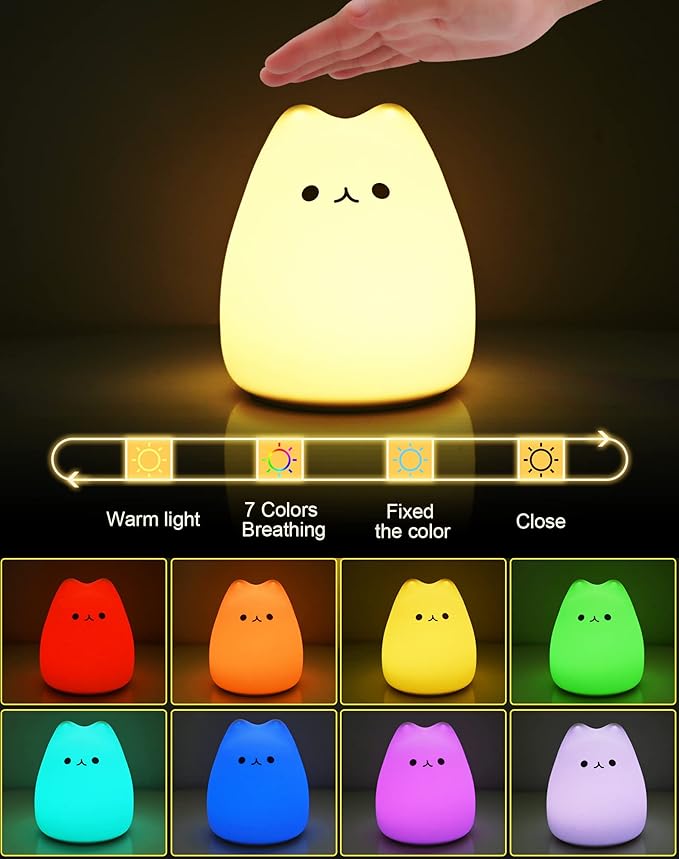 LED Cat Night Light, Battery Powered Night Light for Kids, Silicone Multicolor Cute Lamp with Warm White and 7-Color Breathing Mode, Christmas Gifts for Kids, Baby, Children (Celebrity Cat)