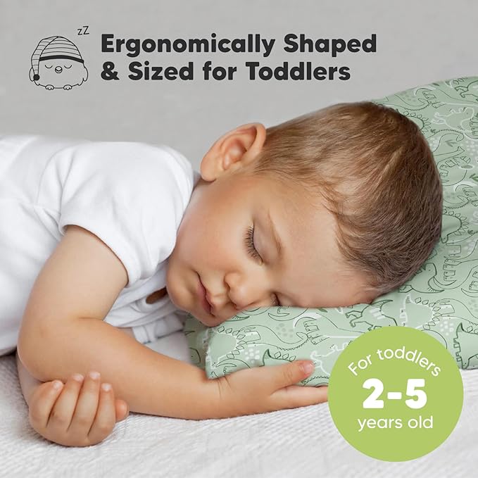 Toddler Pillow with Pillowcase - 13x18 My Little Dreamy Kids Travel Bed Pillows for Sleeping, Organic Cotton Small Pillowcase, Soft & Breathable, Machine Washable, Toddlers 2-5 Years Old (DinoDood)