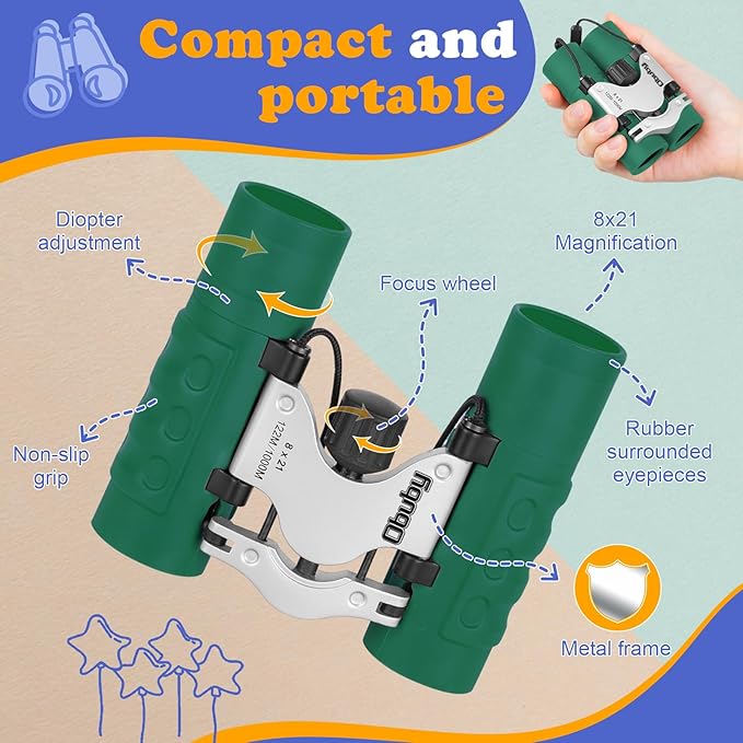 Obuby Real Binoculars for Kids Gifts for 3-12 Years Boys Girls 8x21 High-Resolution Optics Compact Toy Binocular for Bird Watching,Travel, Camping