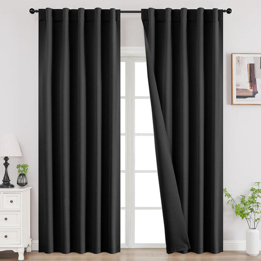 Joydeco Black Blackout Curtains 96 Inches, Thermal Insulated Long Curtains 2 Panels Set for Bedroom, Room Darkening Drapes for Living Room Window (W37 x L96 Inch, Black)