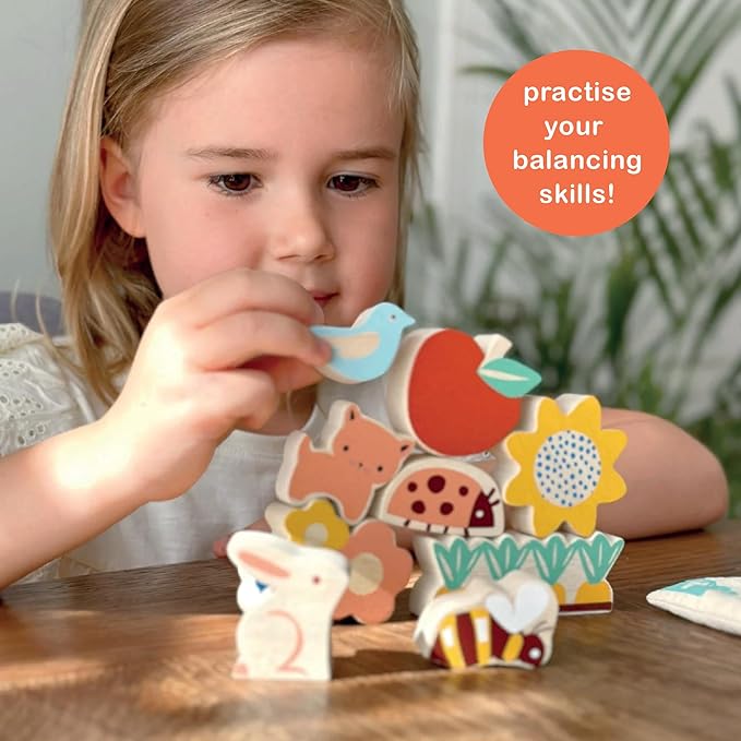 Mentari Toys - Happy Stacking Garden - 9 Wooden Nature Theme Pieces Stacking Toy - Boost Fine Motor Skills and Dexterity - Age 18 Months+