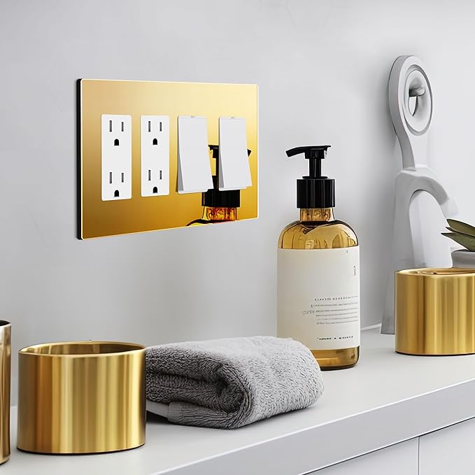 LIDER Quadruple Decorator Wall Plate, Impact Resistant, Mirrored Acrylic, Plexiglass, Reflective Finish Modern Upgrade Screwless Light Switch/Outlet Cover Mid-Size 4-Gang 4.88" x 8.58" Gold