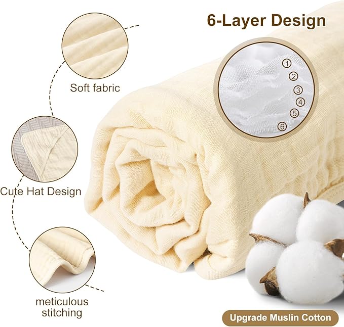 david's kids 2 Pack Hooded Baby Towels, 100% Muslin Cotton 6-Layer Ultra Soft Breathable Absorbent Baby Bath Towels for Infant and Toddler, Newborn Essentials, Large 32x32Inch, Beige & Green