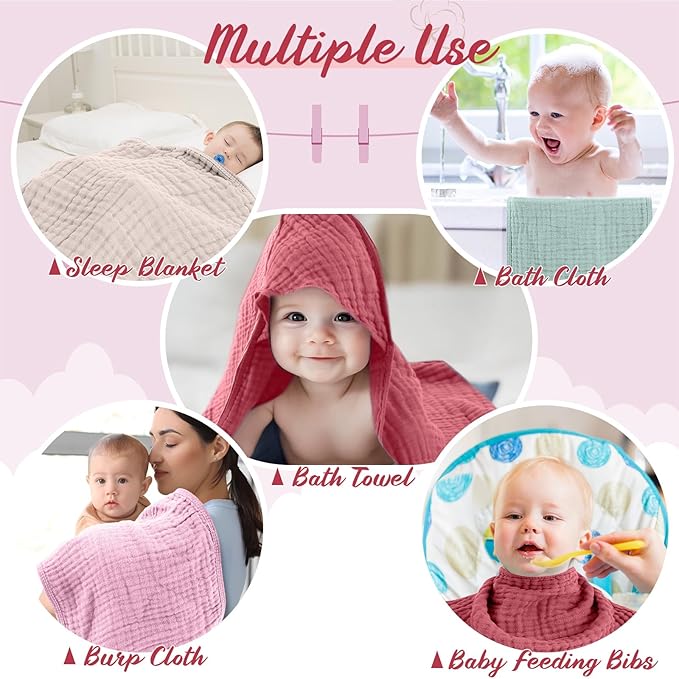 VitalCozy 8 Pcs Baby Muslin Hooded Bath Towels and Washcloths, 32 x 32 Inch Muslin Cotton Hooded Baby Towels Absorbent Blankets for Gift Newborn Infant Shower (Vivid Color)