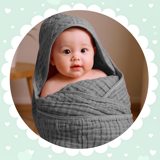 Peryiter 4 Pcs Muslin Hooded Baby Towels, 32"x 32" Cotton Newborn Bath Towel Muslin Infant Baby Blankets Absorbent Unisex Christmas Registry Gift Essentials for Girls Boys (Green,Gray,Brown,Blue)