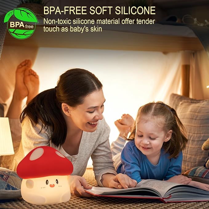 Mushroom Night Light, Cute Hug Mushroom Decor Lamp, Led Squishy Soft Silicone Night Lamp, Dimmable Rechargeable Portable Touch Nightlight for Kids Sleep, Nursery Room Cute Christmas Gifts