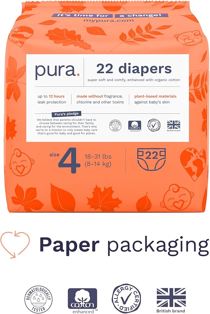 Pura Size 4 Eco-Friendly Diapers (18-31lbs) Totally Chlorine Free (TCF) Hypoallergenic, Soft Organic Cotton, Sustainable Comfort, up to 12 Hours Leak Protection, Allergy UK, 22 Diapers (Pack of 1)