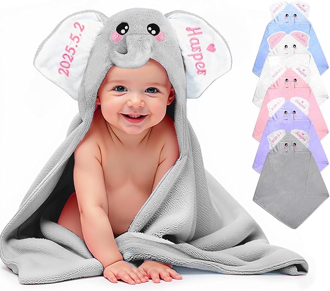 Custom Hooded Baby Towel with Name, Personalized Soft Absorbent Elephant Bath Towel, Shower Towels for Girls Boys, Easter Brithday for Kids Baby, Toddler, Newborn Essential