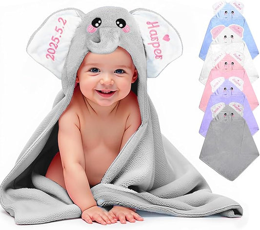 Custom Hooded Baby Towel with Name, Personalized Soft Absorbent Elephant Bath Towel, Shower Towels for Girls Boys, Easter Brithday for Kids Baby, Toddler, Newborn Essential