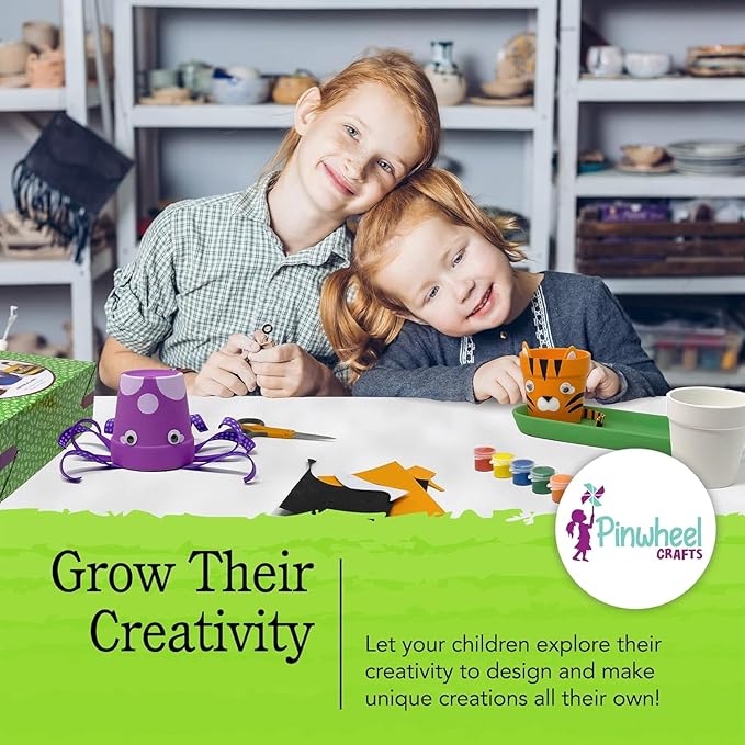 Pinwheel Crafts Flower Pot Painting Kit – Paint Your Own Kids Gardening Set with Seeds, Soil, 8 Paints, 2 Brushes & 3 Pots, DIY Plant Growing Kit for Kids Ages 8-12+, Kid Gardening Set