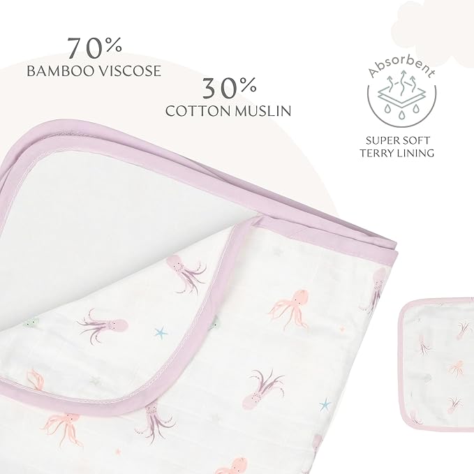 Bamboo Viscose Baby Hooded Towel & Washcloth Set for Babies and Toddlers, Soft & Absorbent, 70% Viscose from Bamboo, 30% Cotton Muslin - Imported (Octopus)
