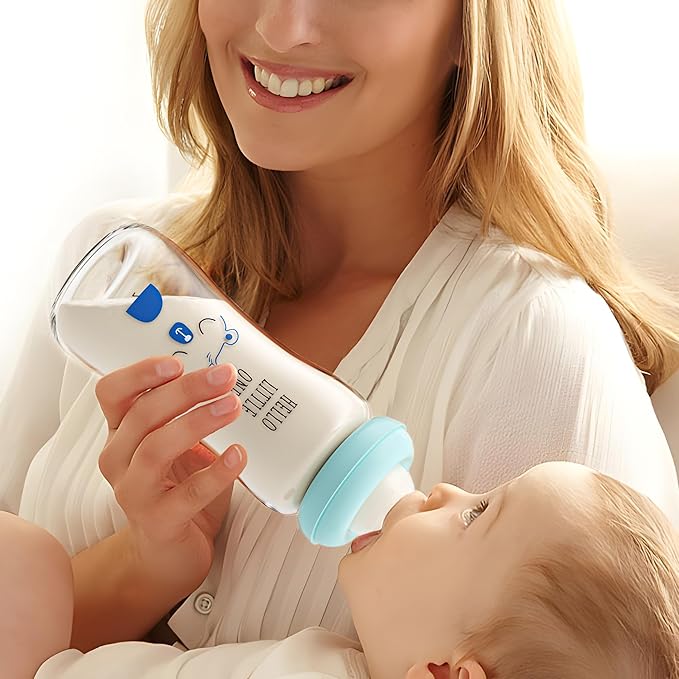 YOHKOH Natural Glass Baby Bottle with Natural Response Nipple, Newborn Anti-Colic Baby Bottles, Wide Neck Mushroom Cap Baby Bottle, Clear (8.8ounce (Pack of 2), Blue1)