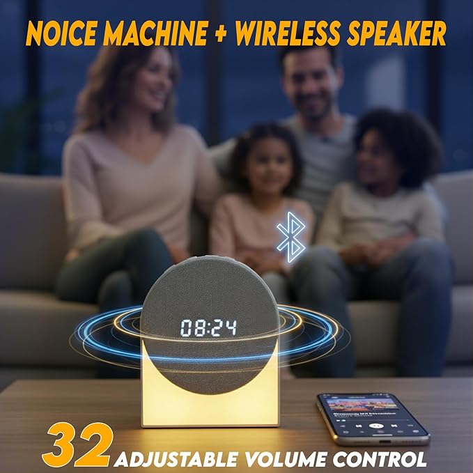 4 in 1 Sound Machine with Digital Clock & Night Light, White Noise Machine, 32-Level Volume, Memory & Timer, Rechargeable Battery, Portable for Baby, Adults, Travel & Office