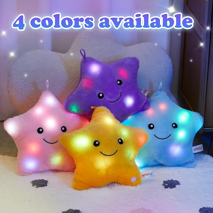 WEWILL 9'' LED Twinkle Star Soft Plush Pillow Toys Glowing Stuffed Star Light up Pillow Plush with Colorful Night Lights Birthday Valentines Gift for Toddler Kids(Purple)