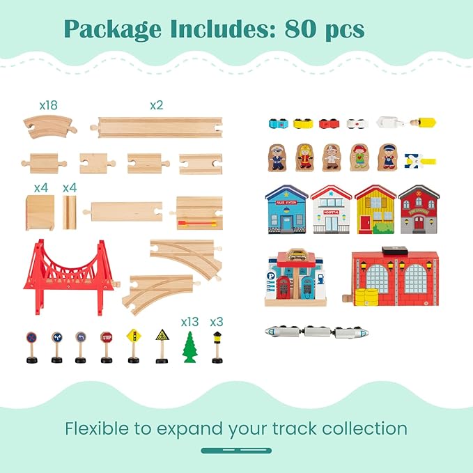 GLACER 80-Piece Train Table, Large Multipurpose Wooden Toy Activity Table Playset with Reversible Detachable Tabletop, Railway Tracks, Trains, Cars, DIY Design, Gift for Boys Girls Age 3+, Multi-Color