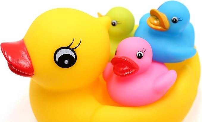 Floating Rubber Duckies Bath Play 5 Pieces Set - Includes 1 Jumbo Mama Ducky and 4 Baby Ducks - Fun Water Tub Playing Kits(4 Colors)