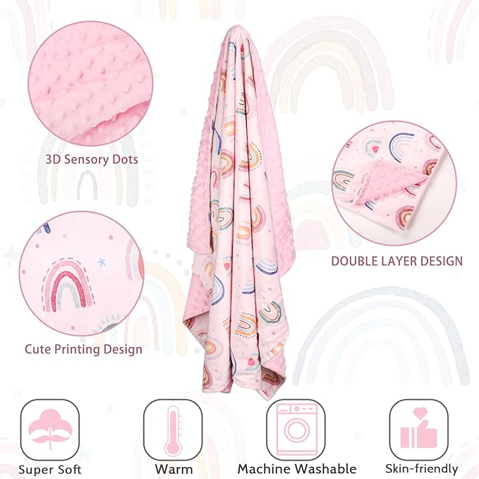 Super Soft Minky Toddler Blanket 30x40 Inches, Double Layer, Dotted Backing, Floral Baby Crib Blanket for Nursery, Car Seat, Pet, Rainbow