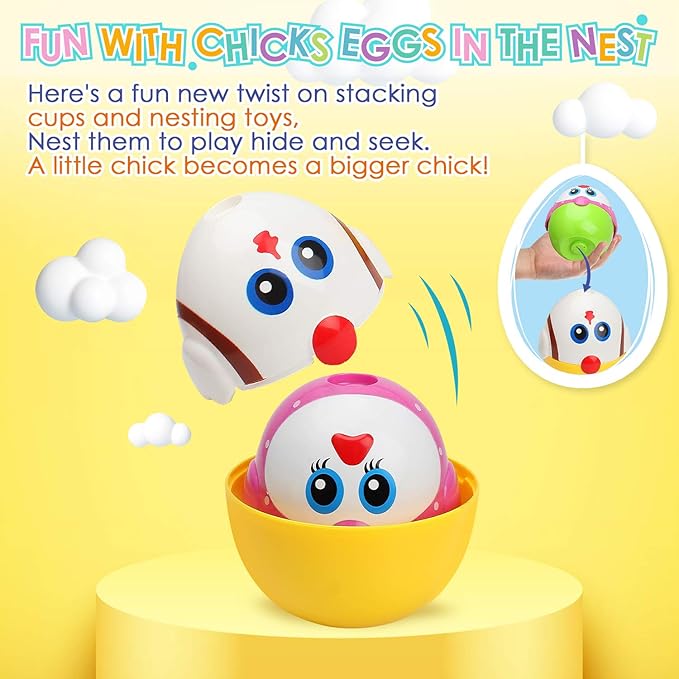 Easter Egg Toys for Toddler, 8 Pcs Nesting & Stacking Chicks Matching Toys, Plastic Eggs Fillable, Easter Basket Stuffers, Gift for Unisex 18 months+