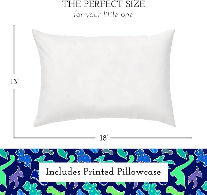 Little Sleepy Head Toddler Pillow with Pillowcase 13x18 - Kids Pillow for Sleeping - Better Neck Support Ergonomic Pillow and Toddler Pillowcase - Best Pillows for Kids (Dinosaurs Blue)