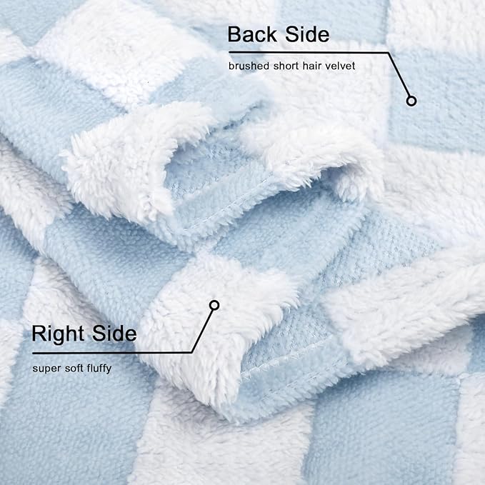 HOMRITAR Checkered Baby Blanket for Boys Girls Warm Cozy Reversible Checkerboard Toddler Blankets, Fluffy Fuzzy Plush Lightweight Bed Blanket with Chessboard Grid Design 350GSM Baby Blue 30 x 40 Inch