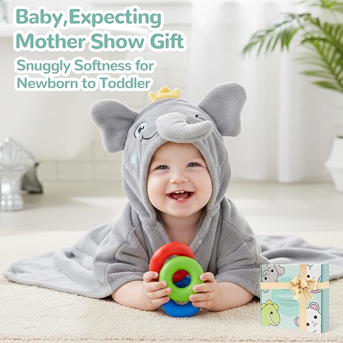 HECCEI HoodieHug Baby Towels, Premium Coral Fleece Bath Towel with Large Size-Ultra Absorbent for Baby Comfort- Great Gift for Newborn, Toddler and Kid (Dinosaur + Elephant)