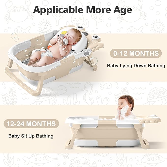 Collapsible Baby Bathtub for Newborns with Thermometer and Soft Floating Cushion Portable and Foldable Travel Baby Boy Bath Tub for Infants to Toddler 0-36 Month (Beige)