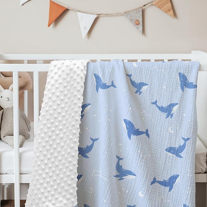 Whale Baby Blankets for Boys Girls, Soft Nursery Minky Blankets with Muslin and Dotted Fleece Back 30x40 inches, Receiving Bed Quilt for Newborn, Infants, Toddlers