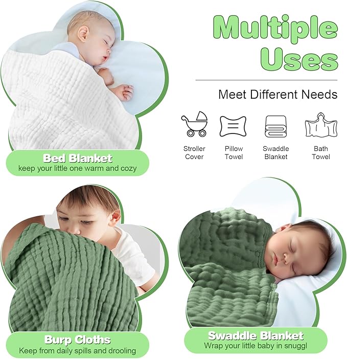 MUKIN Baby Hooded Towels, Muslin Cotton, 2-Pack, for Newborn, Infant, Toddler and Kids (White,Dark Green)
