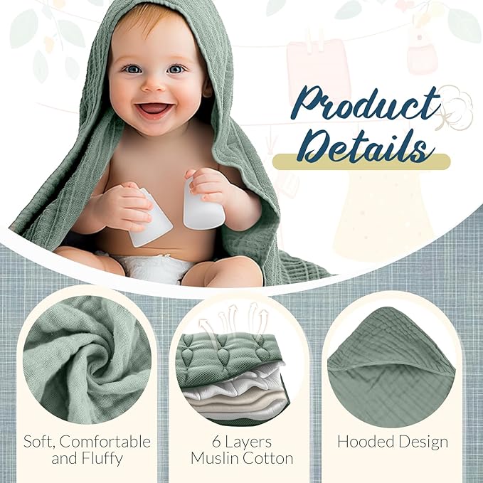 VitalCozy 8 Pcs Baby Muslin Hooded Bath Towels and Washcloths, 32 x 32 Inch Cotton Absorbent Blankets for Newborn Infant Shower Gift (Dark Green, Dark Blue)