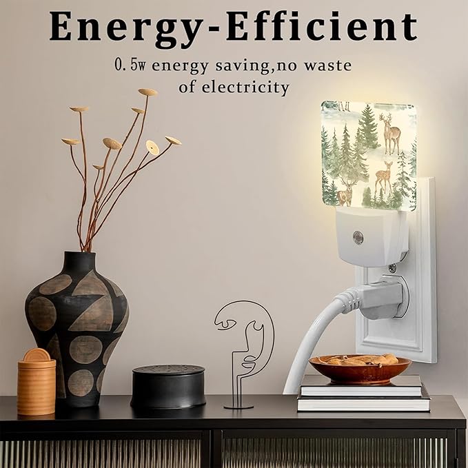 Winter Deer and Snowy Forest Night Light for Kids,Christmas Pine Trees Deer Night Light Plug in with Dusk to Dawn Sensor,0.5w Energy Saving Nightlight for Hallway Stairway Kitchen Bedroom