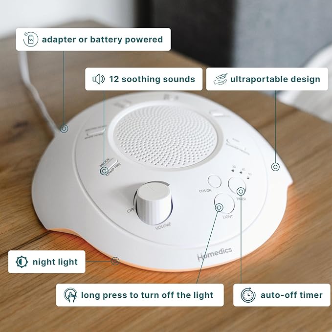 Homedics Sleep Better Portable Sound Machine, Night Light,12 Soothing Sounds Including White Noise, Rain, and Thunderstorm, Ultra-Portable Design, Auto-Off Timer, Ideal for Travel & Baby Sleep