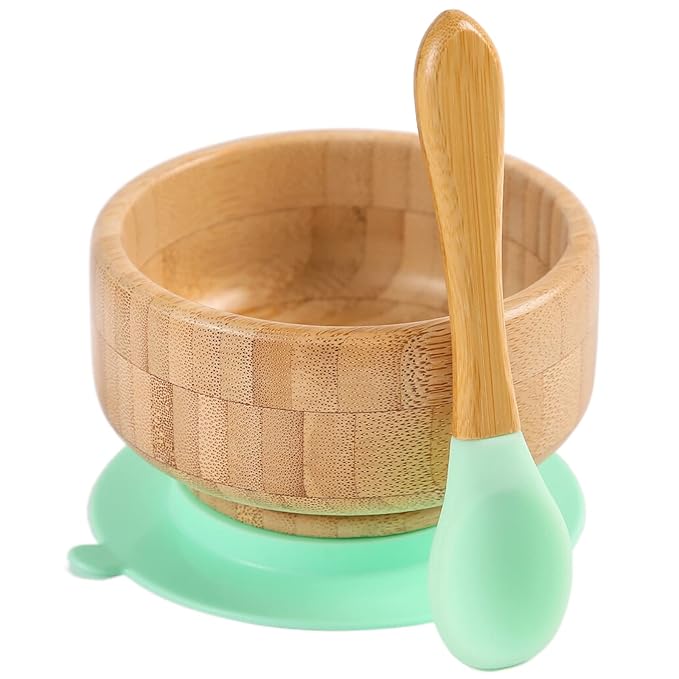 Baby Bamboo Bowls with Suction and Matching Spoon Set - 2PC Feeding Supplies Set for Infant, Toddlers - Detachable Silicone Suction Stay Put Base for Wooden Bowl - BPA Free （Mint）