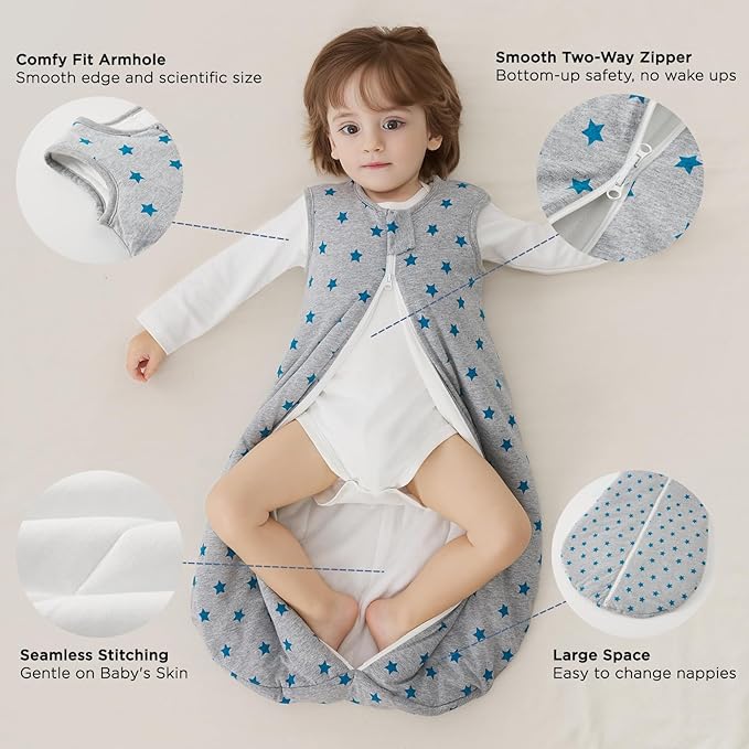 Duomiaomiao 2.5 TOG Baby Sleep Sack 100% Cotton Winter Baby Wearable Blanket, Warm Quilted Comfy Toddler Sleeping Sack