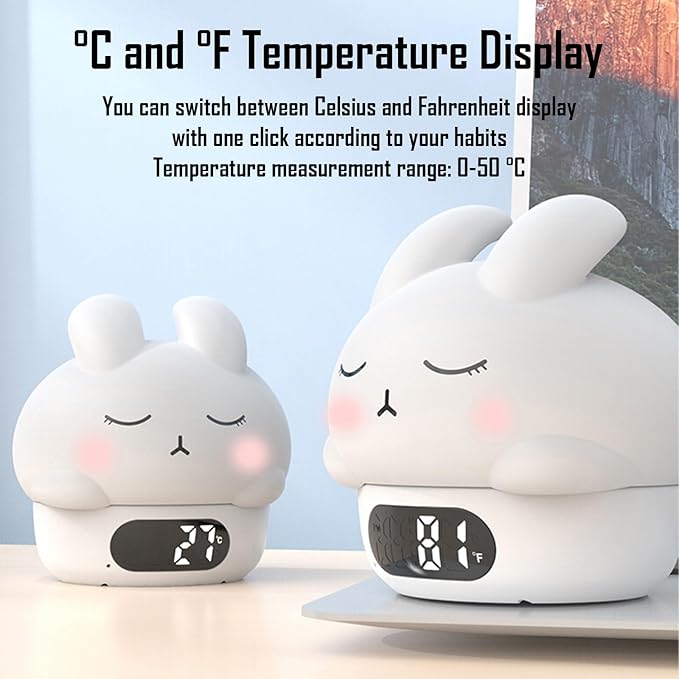 Cute Bunny RGB Rechargeable Night Light, Soft Silicone Lampshade, Adjustable Brightness LED Clock, Date, Alarm, Thermometer, Timer, Tap Control, Bedroom Lamp, Gift for Girl and Kid (White Bunny)
