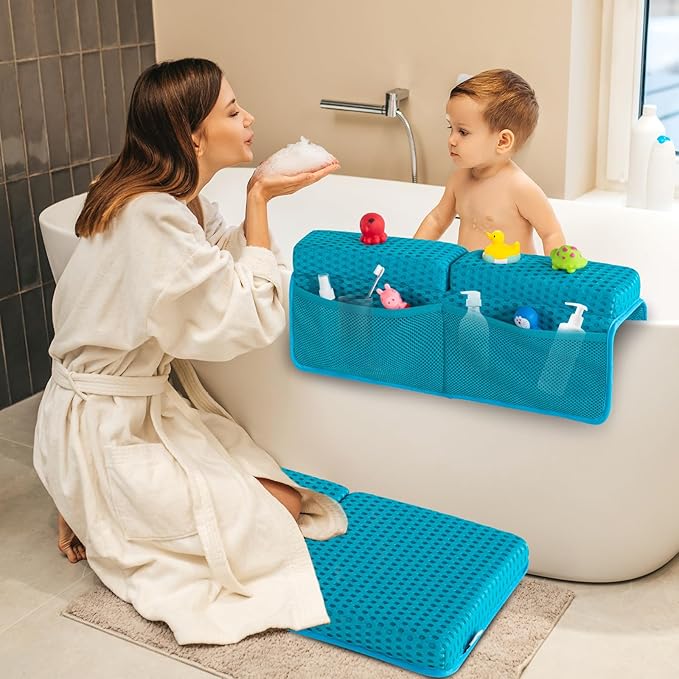 OS OMYSTYLE Baby Bath Kneeler and Elbow Rest Pad Set, 1.5'' Thick Quickly Dry Bathtub Kneeler Pad with Baby Toys & Bath Accessories Organizer, Non-Slip Mat(Blue)