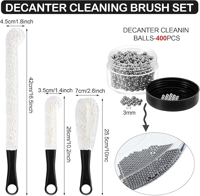3 Pieces Decanter Cleaning Brush Flexible Bottle Scourer and 400 Pieces Reusable Decanter Cleaning Beads Household Tools for Wine Decanters Goblets Glasses Cups (Black Handle)