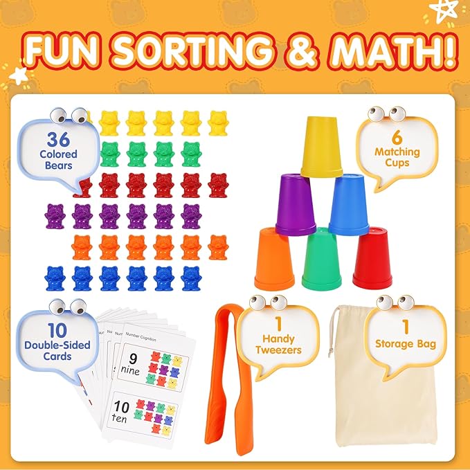 Bmag Counting Bears with Matching Sorting Cups, Preschool Learning Toys Color Recognition and Math Learning Games, STEM Educational Toy Gift for Kids Age 3 4 5 Year Old Boys Girls