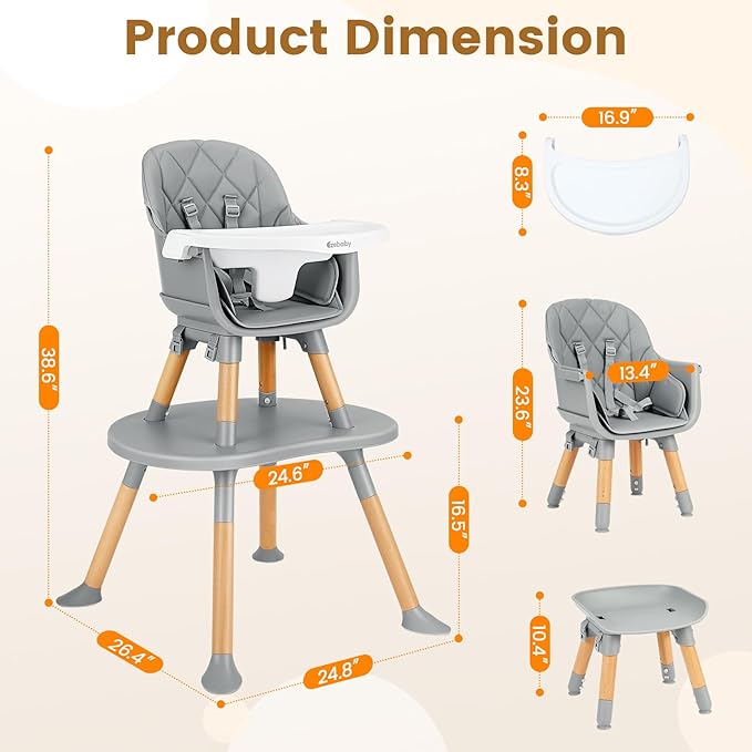 Ezebaby Baby High Chair, 8 in 1 Convertible High Chairs to Booster Seat/Toddler Chair/Table and Chair Set, Wooden High Chair with Adjustable Tray & PU Cushion(Grey)