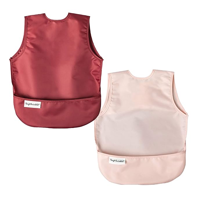 Tiny Twinkle Short Sleeve Apron Bibs for Babies & Toddlers – 2 Pack Waterproof, Mess-Proof Baby Bibs for Eating & Feeding, Machine Washable,Perfect Holiday Gift(Rose Burgundy, 6–24M)