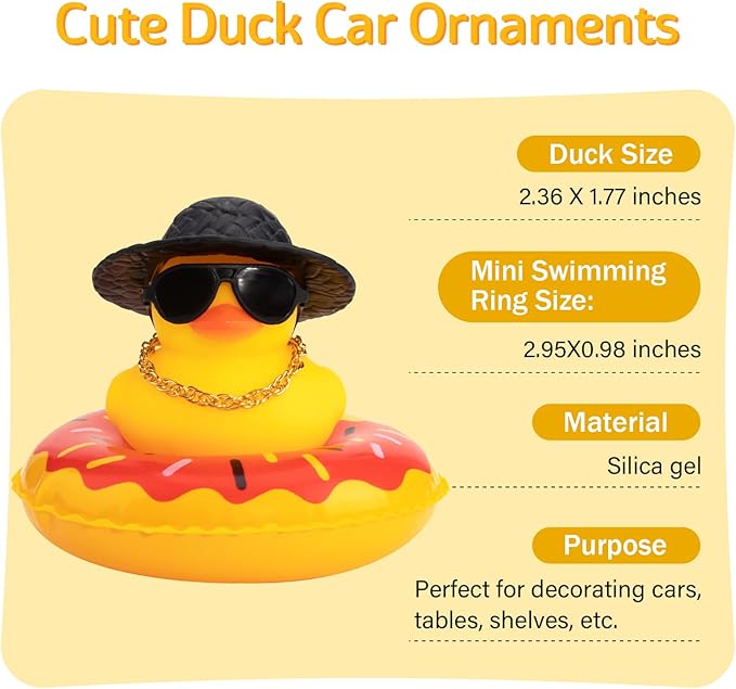 wonuu Car Rubber Duck, Yellow Duck Decoration Dashboard with Sun Hat Swim Ring Necklace Sunglasses for Car Dashboard Decorations
