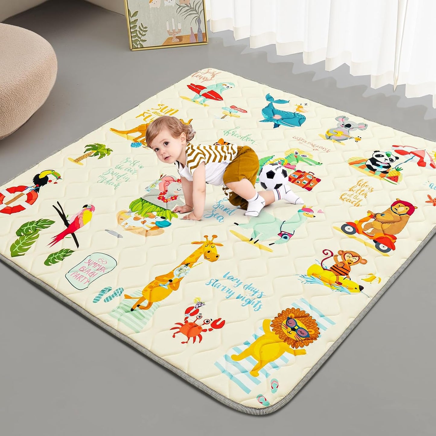 Baby Play Mat - Thicken 50x50 Inch Soft Foam Crawling Mat for Playpen & Floor, Non-Slip Waterproof Playmats for Infants & Toddlers, Portable Foldable & Machine Washable, Beach Animals