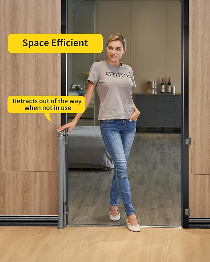 Retractable Baby Gate for Stairs – 33” Height, Expands up to 55” Width – Safety Gate for Infants, Toddlers, Dogs & Pets – Easy Install, Secure Closure, Gray Mesh Design for Indoor & Outdoor Use