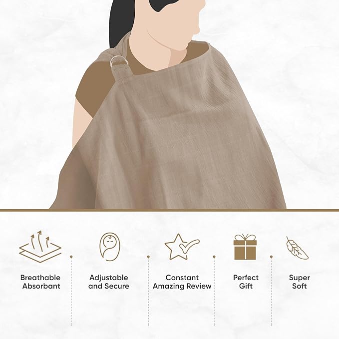 MOZAH 100% Organic Cotton Muslin Nursing Cover for Baby Breastfeeding, Breathable 100% Cotton Breastfeeding Cover with Rigid Hoop for Mother Nursing Apron, Multi-use Carseat Canopy (Oatmeal Beige)