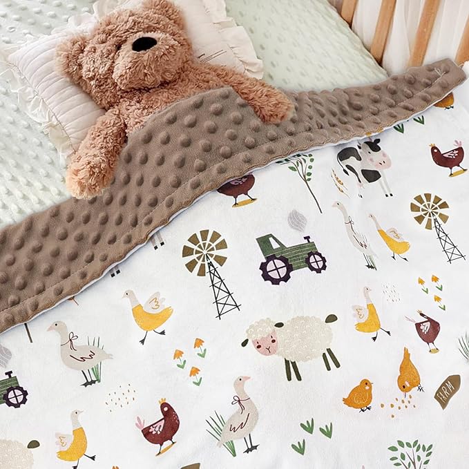 HOMRITAR Baby Blanket for Boys Soft Lightweight Minky Blanket with Double Layer Dotted Backing for Infant Toddler Nursery Crib with Cute Farm Animals Design 30 x 40 Inch