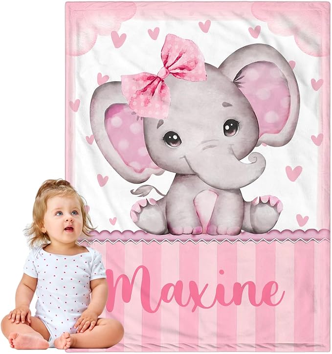 Personalized Baby Blanket for Girls, Custom Baby Blanket with Name, Soft Cozy Personalized Name Blankets for Kids, Customized Elephant Blanket for Infant Toddler Birthday Christmas